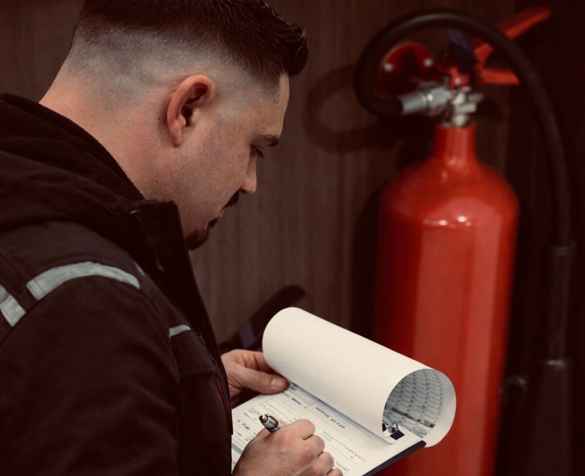 Externer Brandschutzbeauftragter dokumentiert Prüfung im Betrieb